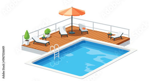 An isometric illustration shows a blue swimming pool with a ladder next to a wooden deck furnished with an umbrella, three loungers, and potted plants on a white background.