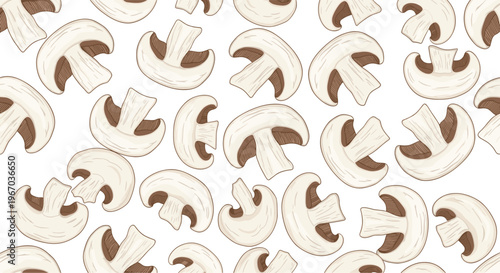 Seamless pattern of sliced fresh champignon mushrooms on white background for food kitchen and vegetarian cooking related design concepts.