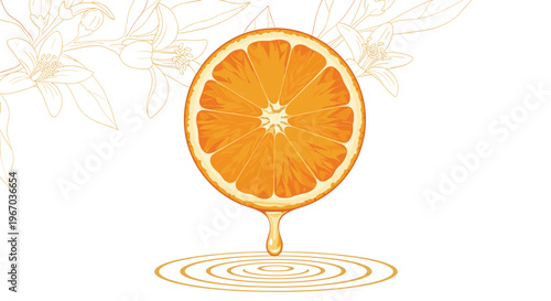 Juicy orange slice with a drop of fresh juice falling into a puddle with delicate flower outlines in the background for beverage branding.