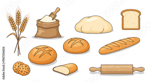 Assorted bakery products including bread loaves baguette buns flour sack wheat stalks and rolling pin isolated on white background for shop.
