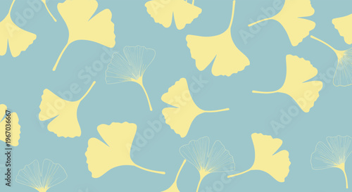 Seamless pattern of yellow and white ginkgo biloba leaf silhouettes on soft blue background for serene nature and wellness design concepts.