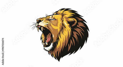 Fierce lion head roaring with mane, sharp teeth, and intense eyes
