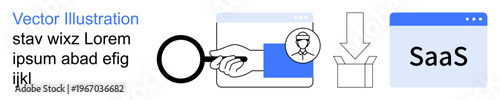 Data analysis, SaaS technology, cloud computing, digital tools, business solutions, workflow optimization. Magnifying glass, box hourglass and SaaS interface. Data analysis and SaaS technology