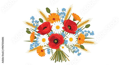 Beautiful bouquet of wildflowers including red poppies white daisies blue cornflowers and wheat stalks isolated on white background for gift.