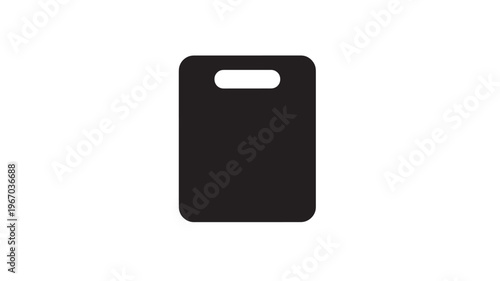 Cutting board simple black icon with rounded corners and a handle slot for food preparation and kitchen tasks.