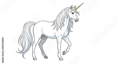 Majestic white unicorn with a golden horn and flowing mane walking gracefully on a white background illustration.