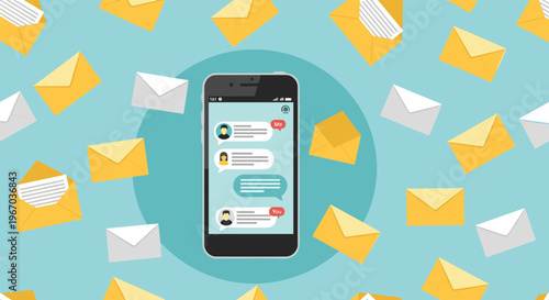 Digital communication concept showing a smartphone with chat bubbles surrounded by flying email envelopes in pattern.