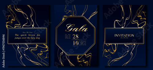 Elegant gala invitations set with abstract gold pattern, decorative frame on blue background. Vector realistic illustration of VIP card with shiny lines, premium border design for celebration