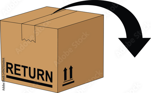 Cardboard box with a return arrow indicating a package being sent back