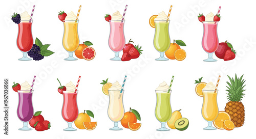 Assorted collection of colorful fruit smoothies and milkshakes topped with whipped cream and fresh fruit garnishes.
