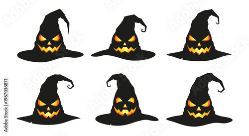 Set of black witch hats for Halloween featuring various spooky glowing jack-o-lantern style faces on background.
