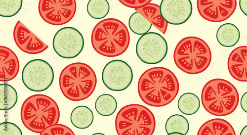 Fresh vegetable seamless pattern with bright red tomato slices and green cucumber slices on a light cream background.