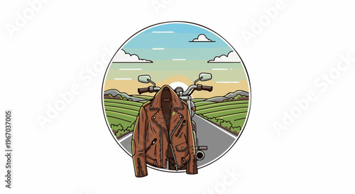 Leather jacket draped over a motorcycle on a rural road at sunset