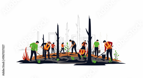 Community planting trees after a fire, amidst burnt trees and structures
