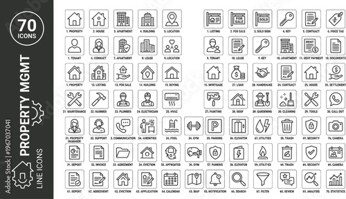 A comprehensive collection of property management line icons for business and organization Ai, eps, jpg, transparent background, eps