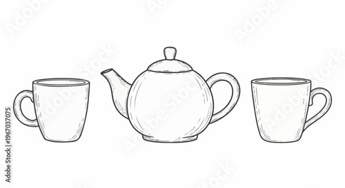 Hand-drawn sketch of a teapot and two mugs on a white background
