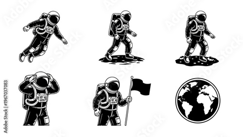 Illustration of an Astronaut Exploring Space and Earth with Various Postures and Actions