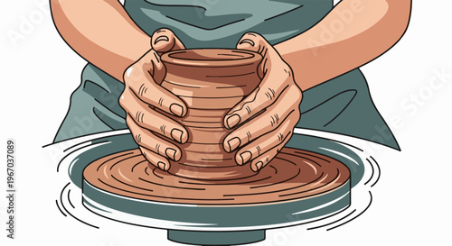 Hands shaping clay on a pottery wheel, creating a vessel