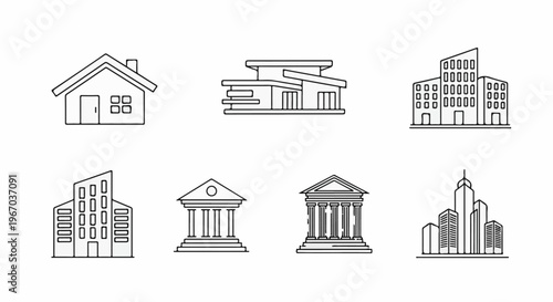Collection of stylized line art building icons for various purposes