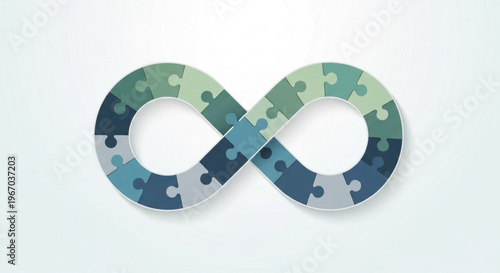 Infinity puzzle symbol with green and blue pieces on white background representing unity and wholeness