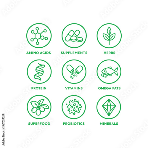 Health and Nutrition Supplements Line Icons Set