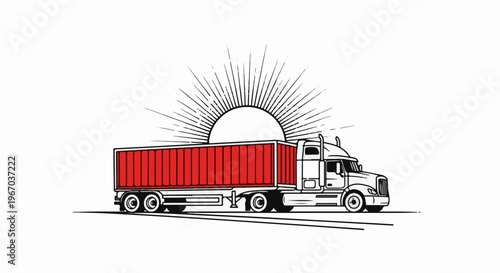 Line art truck with red cargo container and sunburst