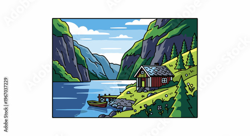 Cozy cabin nestled by a serene fjord with mountains and trees