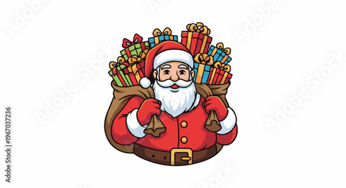 Jolly Santa with a sack full of colorful gift boxes