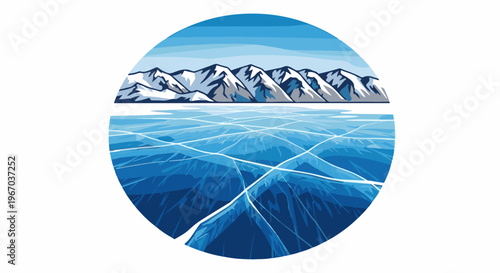 Cracked ice under snow-capped mountains inside a circular frame