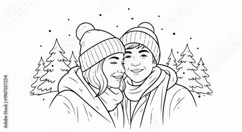 Couple in winter attire, smiling, surrounded by trees and falling snowflakes