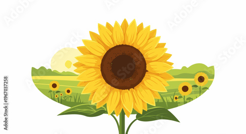 Large sunflower in full bloom overlooks a sunny field with smaller sunflowers and hills