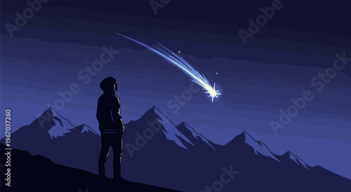 Lone figure watches a shooting star over a mountain range at night
