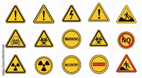 Collection of yellow caution, warning, and prohibition signs