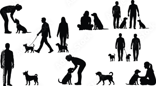 Silhouettes of people interacting with dogs, walking, sitting, petting, companionship, animal care, friendship, outdoor lifestyle, bonding moments