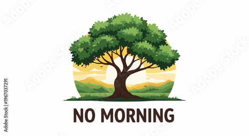 Majestic tree against a soft sunrise horizon with a phrase below