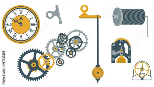 illustration of gears cogs clock mechanism and mechanical components in detailed arrangement