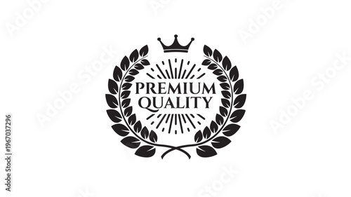 Laurel wreath emblem with crown and radiating lines symbolizing premium quality products and elite service, presented in bold black vector art.