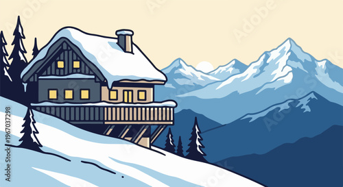 Cozy mountain cabin dusted with snow, bathed in soft sunrise glow