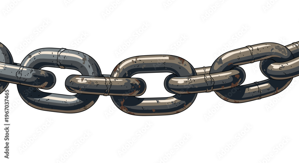 Fototapeta premium A close-up, horizontal view displays a heavy, dark gray metal chain with six visible, interconnected links showing signs of rust and wear against a plain white background.