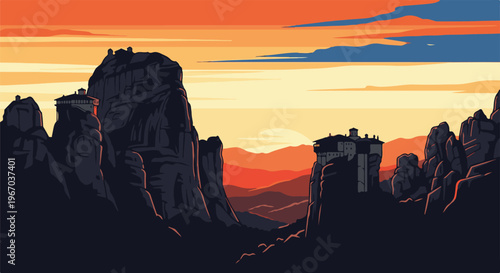 Pixel art sunset over rocky cliffs with ancient structures