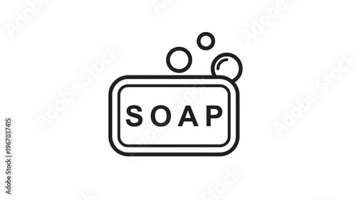 Soap bar icon with bubbles and text in a minimalistic outline style on a white background. featuring hygiene, cleaning, cleanliness with wash and