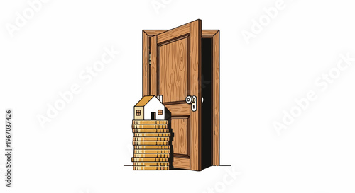 Open door revealing a small house on a stack of coins
