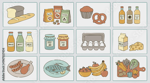 Various everyday food and grocery products collection illustration