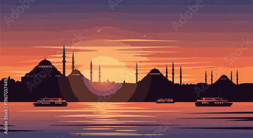 Pixel art silhouette of mosques and boats at sunset over water
