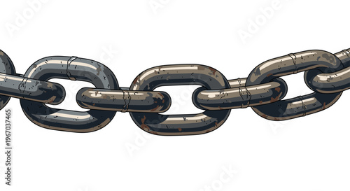 A close-up, horizontal view displays a heavy, dark gray metal chain with six visible, interconnected links showing signs of rust and wear against a plain white background.