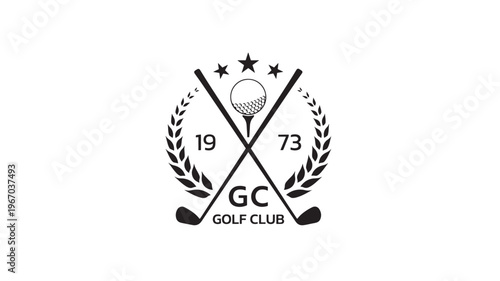 Golf ball and clubs emblem with stars and laurels, representing a golf club established in 1973. featuring logo, symbol, sport with game and