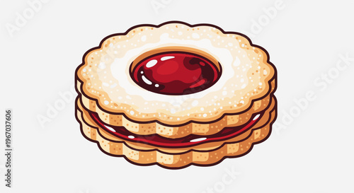 Pixel art of a jam-filled sandwich cookie with a scalloped edge