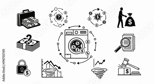 Financial concepts illustrated money, questions, cycles, audits, and justice