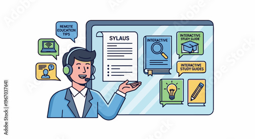 Man with headset gestures towards digital screen showing educational content icons