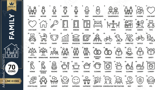 A collection of 70 premium line icons depicting various aspects of family life and relationships Ai, eps, jpg, transparent background, eps